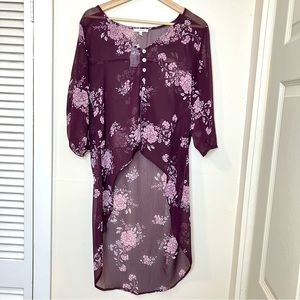 Maurices Sheer Purple Floral Button Kimono Womens Small Ruched 3/4 Sleeve Hi Lo